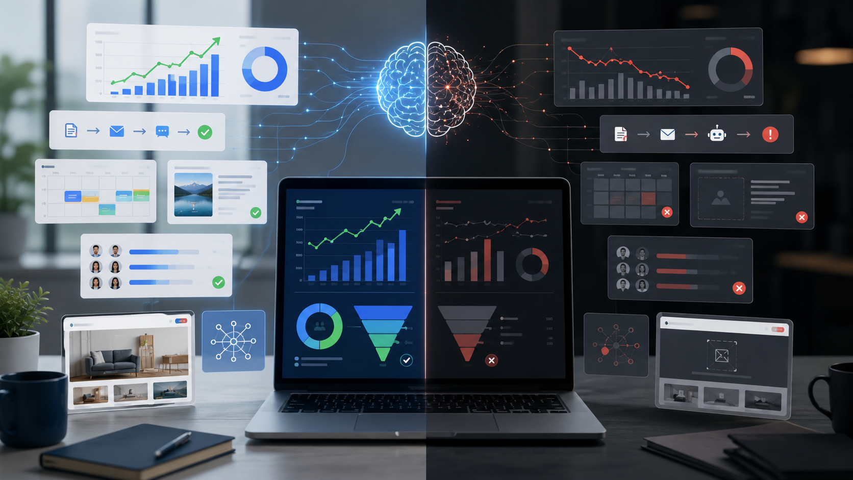 AI marketing dashboard showing improved performance on one side and declining results from poor automation on the other.